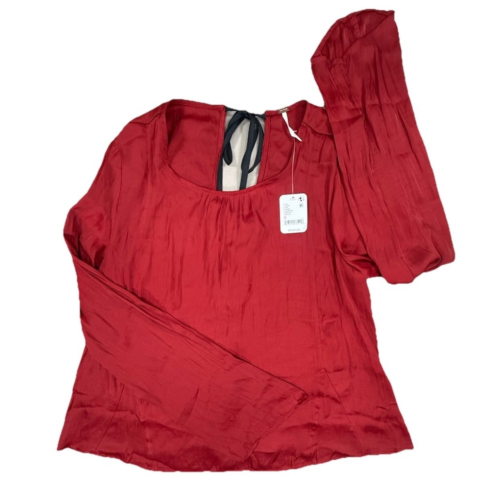 Free People Top Womens Medium Red Black Long Sleeve Evening Satin Open Tie Back - Picture 2 of 11